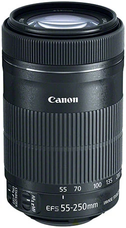 Objectif Canon EF-S 55–250 mm sur fond blanc